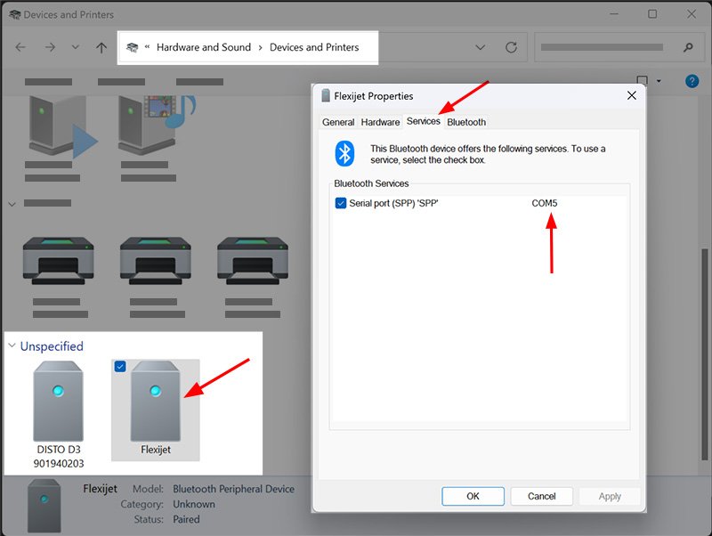 Windows Control Panel Flexijet 1st gen bluetooth serial port