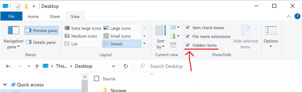 Windows Explorer view hidden items checkbox