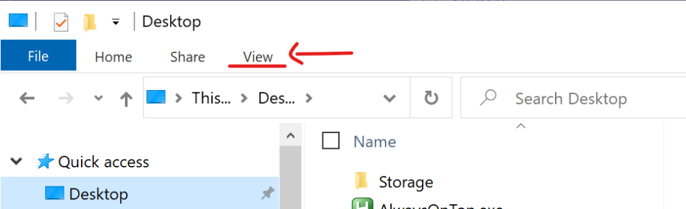 Windows Explorer window with arrow to View