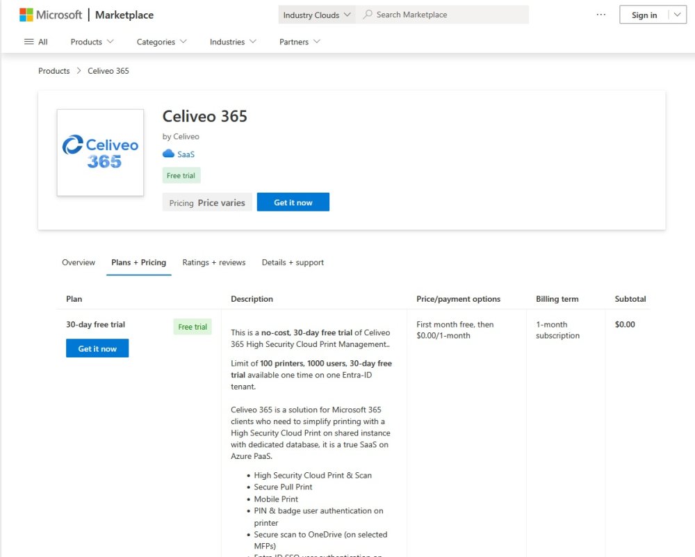Celiveo 365 subscription page on the Azure Marketplace