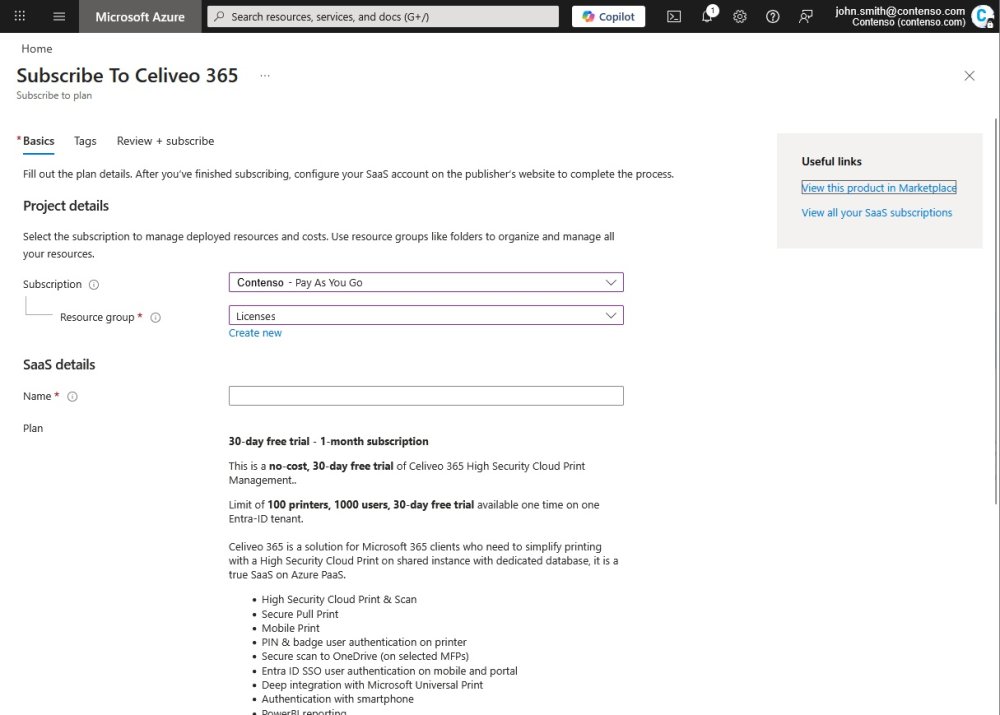 Azure subscription and resource group to use for Celiveo 365