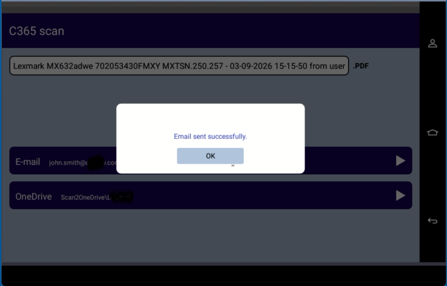 Successfull scan to Exchange Online by Celiveo 365 on Lexmark printer