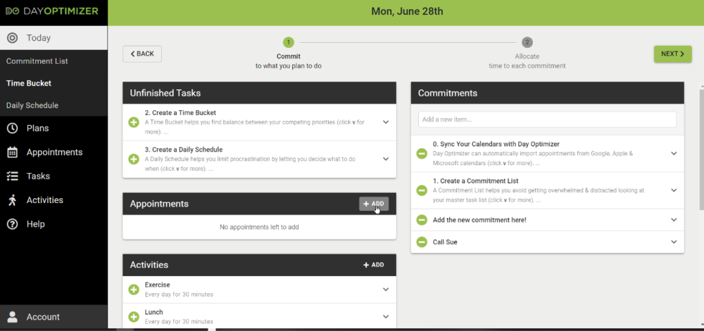 desktop layout of plan builder Commit page, illustrating the "+ ADD" button at the rightmost side of the Appointments section header - another "+ ADD" button is also visible in the Activities section header