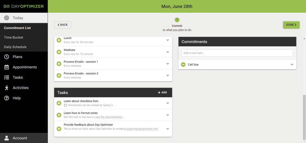 desktop layout of Today's Commitments plan, illustrating the "Add a new item" input field immediately below the "Commitments" header in the rightmost column