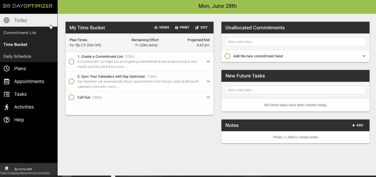 animation starting at Today's Time Bucket plan, showing the cursor moving to press the "Edit" button in the "My Time Bucket" header, navigating to the "Commit" step of the plan builder and selecting "+ ADD" next to the "Appointments" header to create a new appointment for the current day