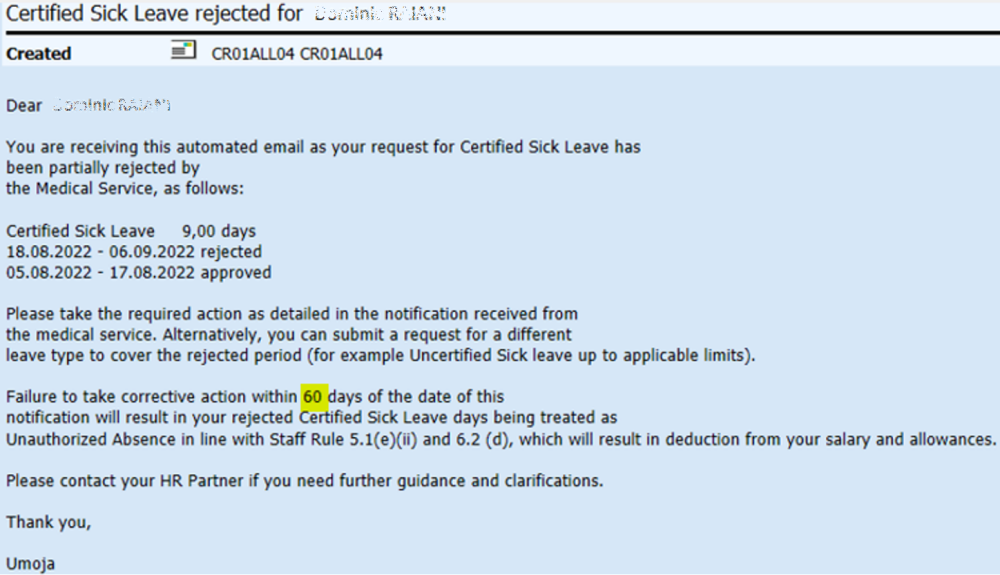 Notifications of Rejected Certified Sick Leave Rejected Certified