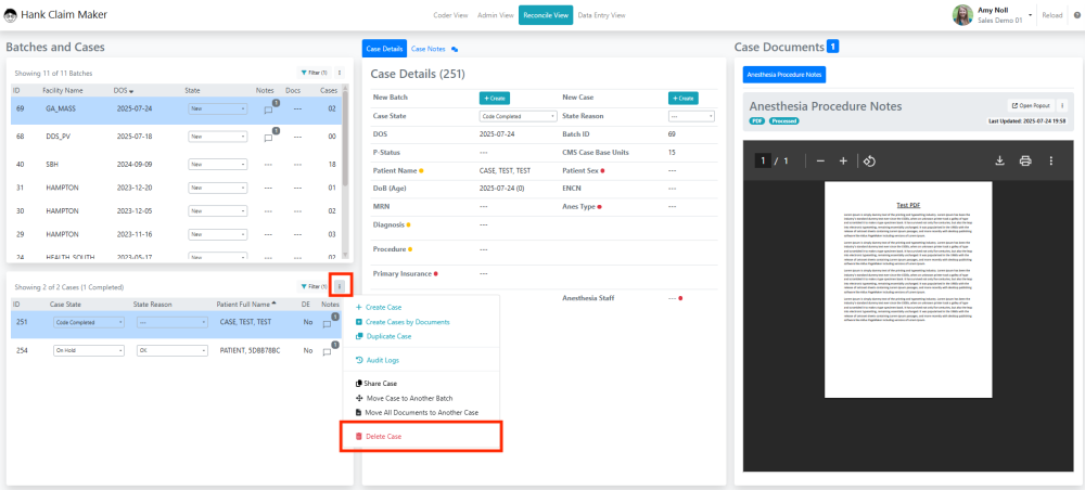 Delete a Case - Hank.ai Claim Maker - 2.0.11