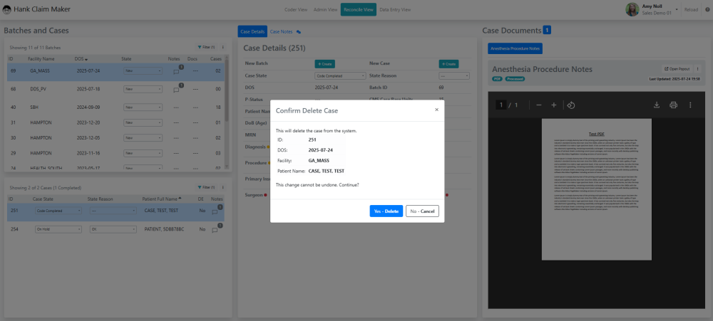 Delete a Case - Hank.ai Claim Maker - 2.0.11