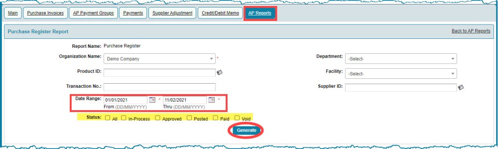 Purchase Register - Crest ERP User Manual - 1.0