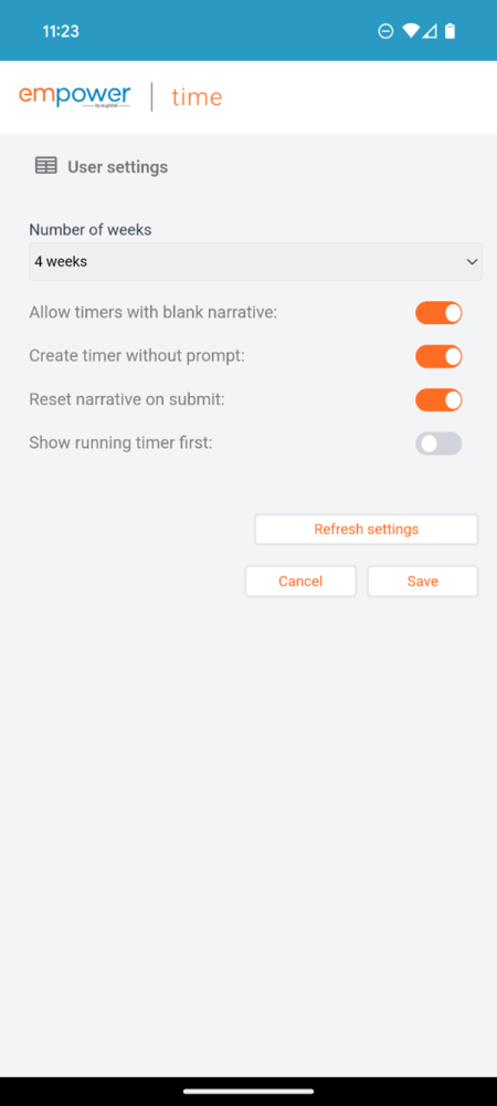 Empower App Time Ruler Mobile – User Settings - sa.global product release notes - empower apps