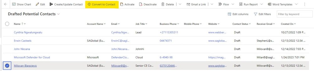 Use the "convert to contact" link