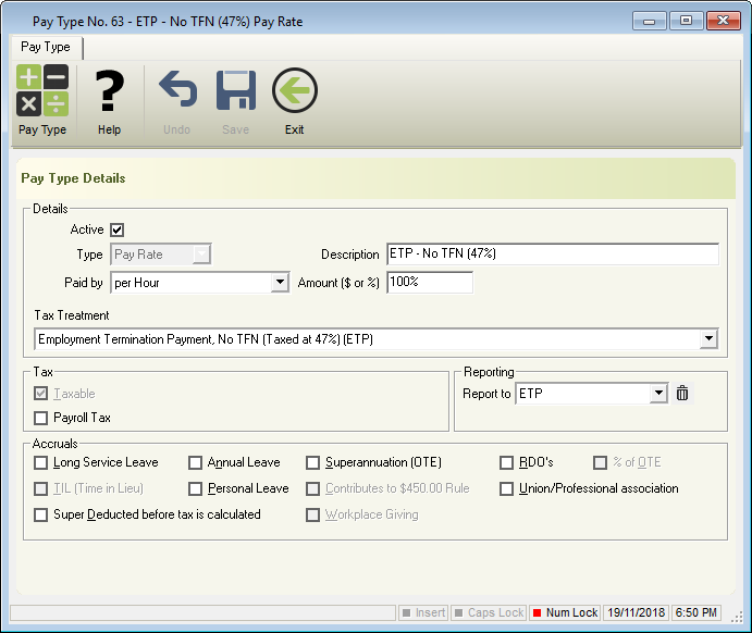 e-PayDay® Payroll Software - ETP No TFN 47% (Default Pay Rate) e-PayDay® Payroll Software - ETP No TFN 47% (Default Pay Rate)