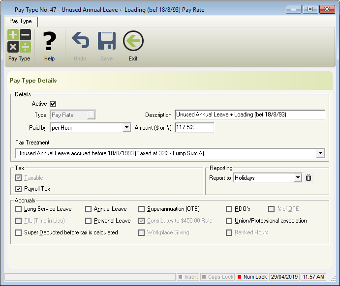e-PayDay® Payroll Software - Termination / Cessation Annual Leave and Loading before 17 August 1993 (Default Pay Type) e-PayDay® Payroll Software - Termination / Cessation Annual Leave and Loading before 17 August 1993 (Default Pay Type)