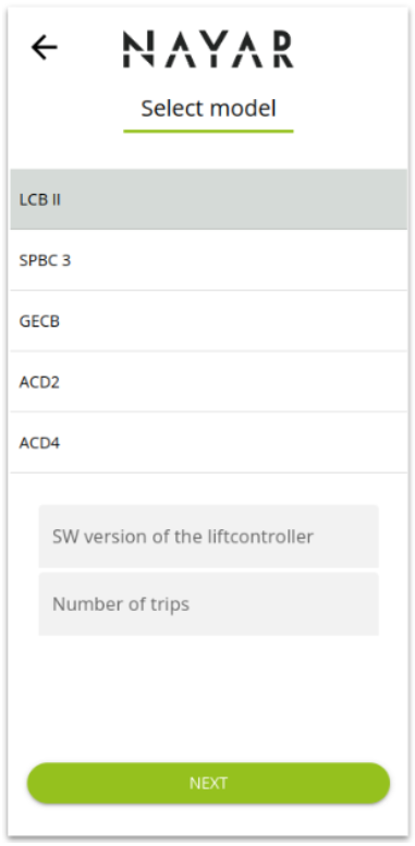 Pantalla Commissioning Web App seleccionar modelo Pantalla Commissioning Web App seleccionar modelo maniobra
