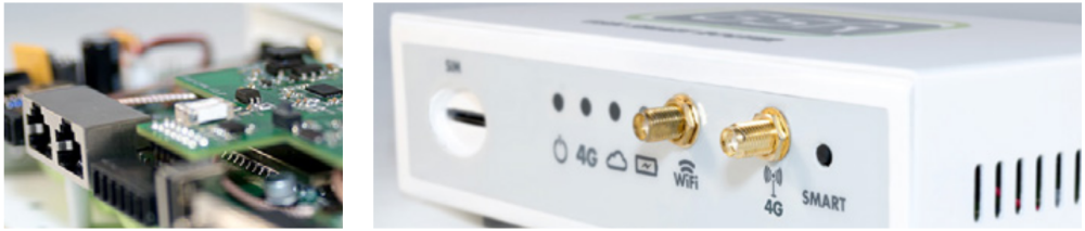 Foto de la electronica y del panel frontal del GSR. Foto de la placa electronica del GSR y foto del panel frontal.