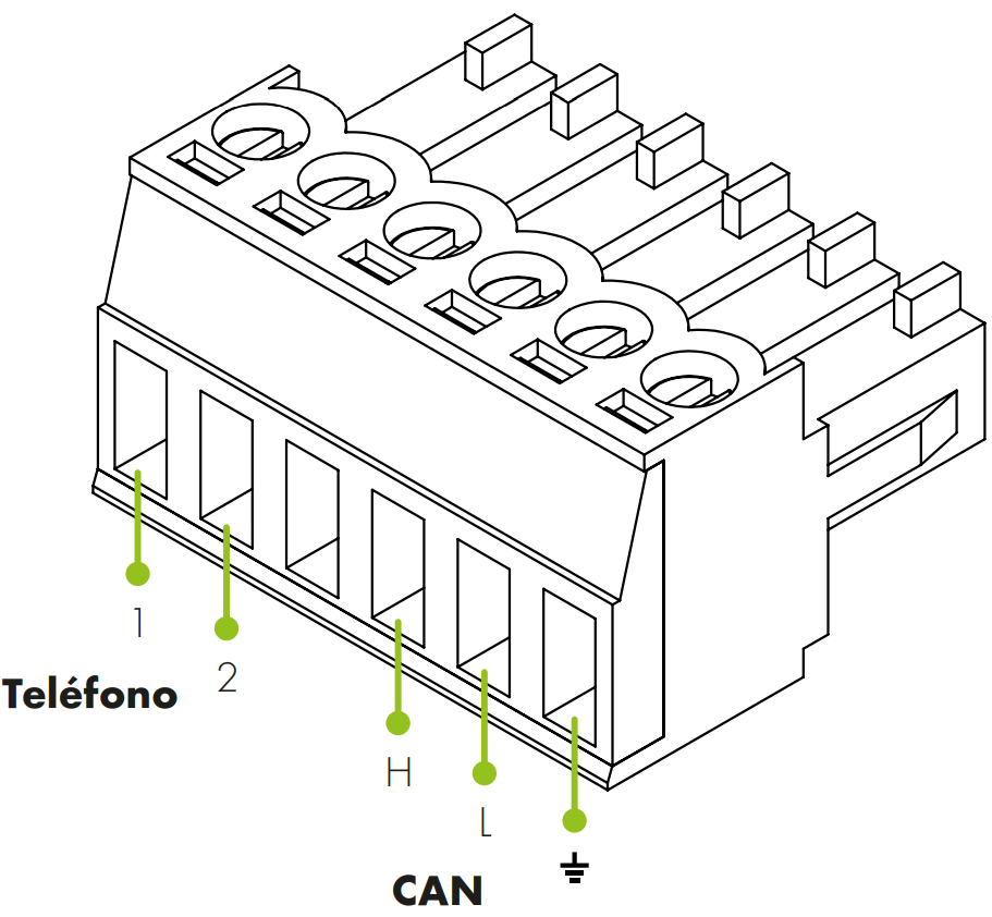 Dibujo conector hembra de telefono y comunicacion can. Dibujo descriptivo de la conexion de los hilos de telefonia y comunicación CAN en el conector.