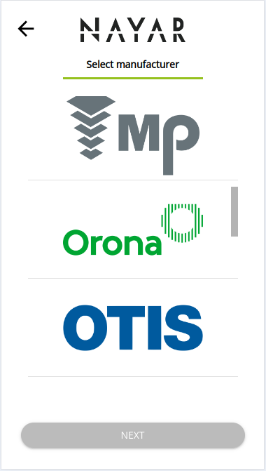 Pantalla Commissioning Web App seleccionar fabricante Pantalla Commissioning Web App seleccionar fabricante