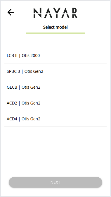 Pantalla Commissioning Web App seleccionar modelo de la maniobra Pantalla Commissioning Web App seleccionar modelo de la maniobra