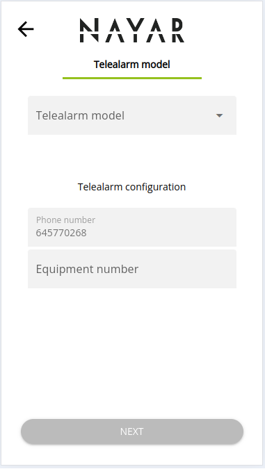 Pantalla Commissioning Web App seleccionar modelo de la telealarma Pantalla Commissioning Web App seleccionar modelo de la telealarma