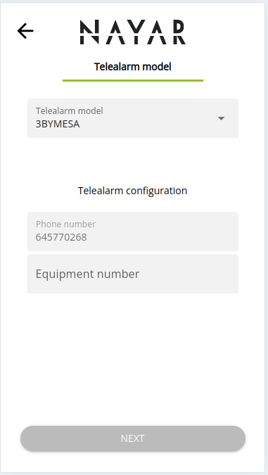Pantalla Commissioning Web App seleccionar modelo de telealarma Pantalla Commissioning Web App seleccionar modelo de telealarma