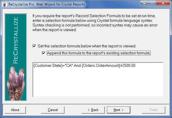 Setting A Record Selection Formula ReCrystallize Pro Current