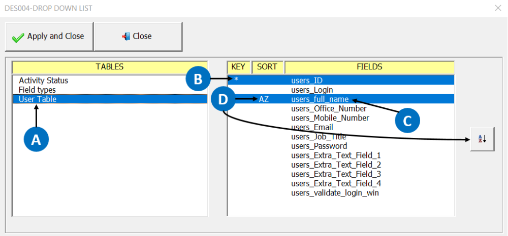 Selection of the fields that will appear in the drop-down list