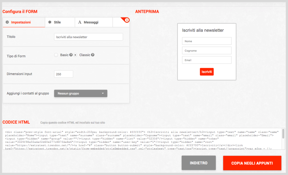 Impostare form, creare form, modificare form contatti