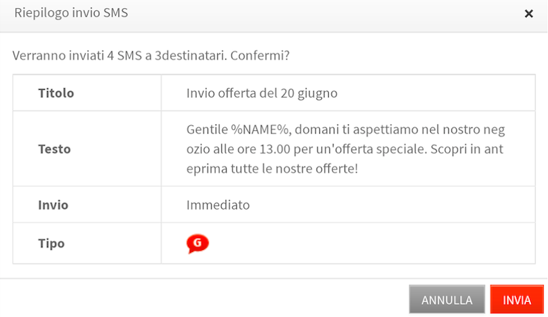 riepilogo invio sms
