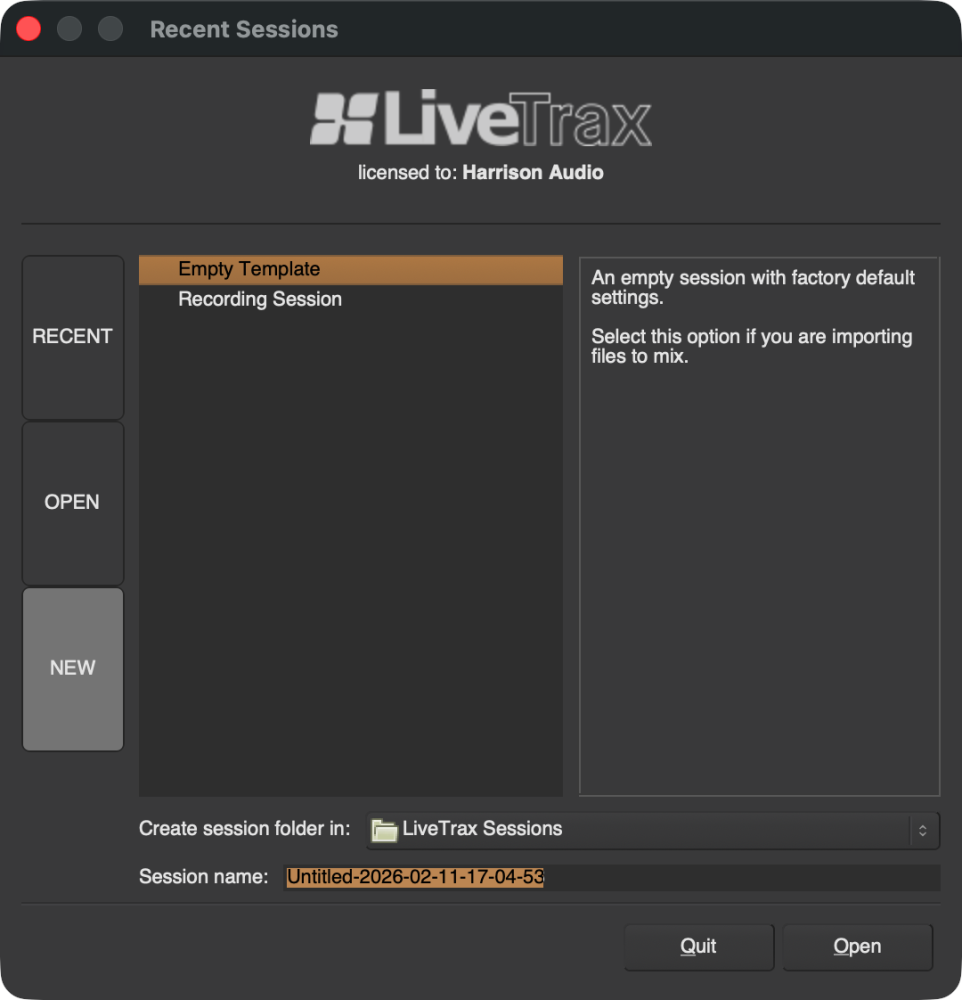 Creating a New Session - LiveTrax - 3