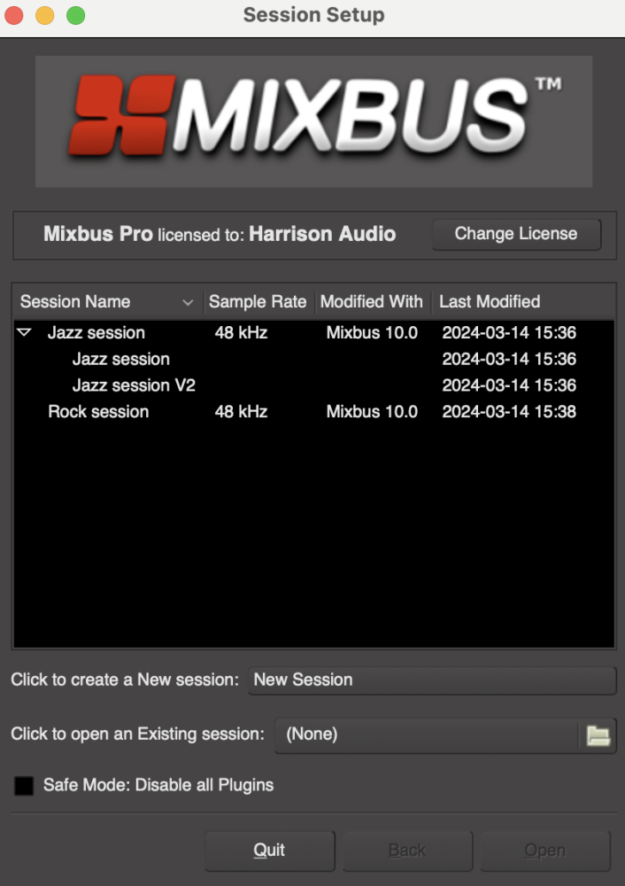 Opening a Recent Session - Mixbus - 10