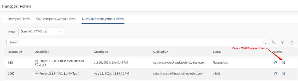 Figure AC1211-3a: Create CTMS Transport Form Button