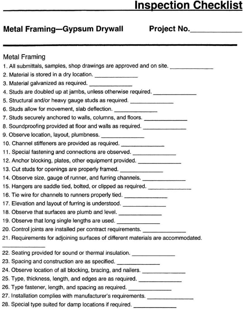 of to concrete how control quality Inspection Drywall Framing/Gypsum Checklist 1.7.18 Metal