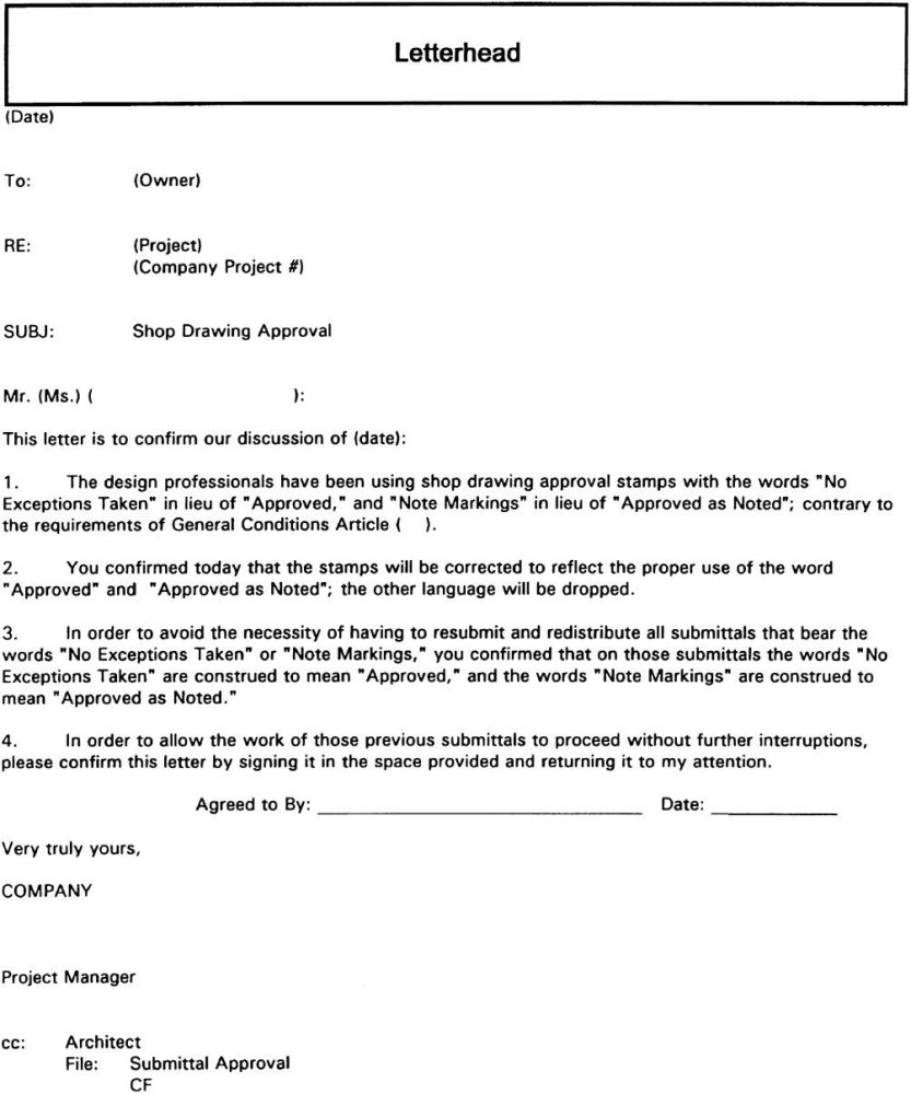 3.7.6 Sample Letter #2 to the Owner Clarifying Shop Drawing “Approval”  (page 3.76) - Collin's Template - 1