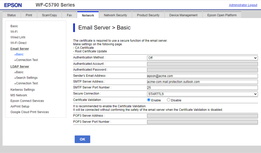 gmail smtp settings for epson printer