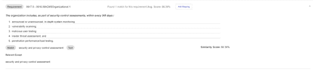 Pictured: An expanded requirement statement row within the AI-assisted mapping run result.