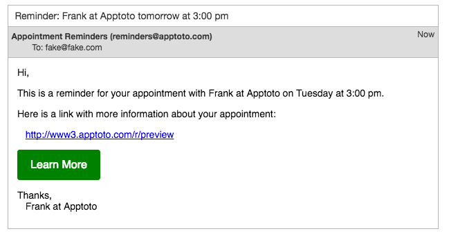 Example Apptoto appointment email with button inserted.