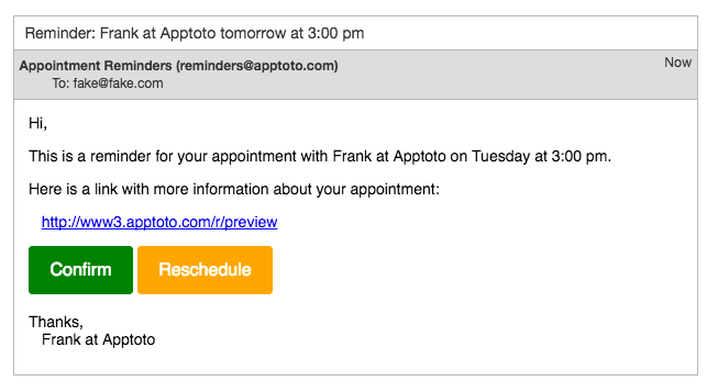 Example Apptoto appointment email with confirm and reschedule buttons inserted.