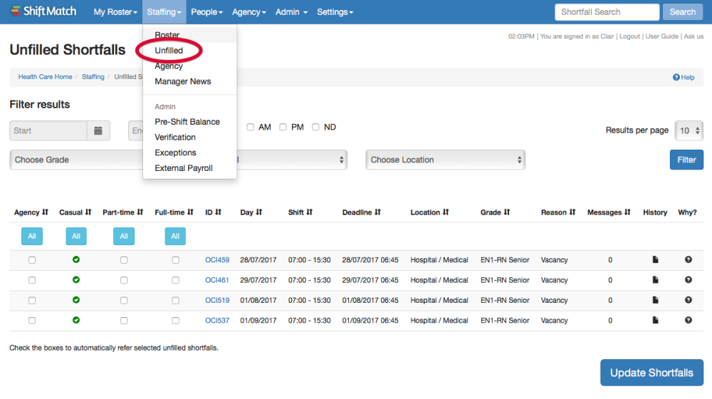 Unfilled Staffing: Unfilled – Monitoring Unfilled Shifts