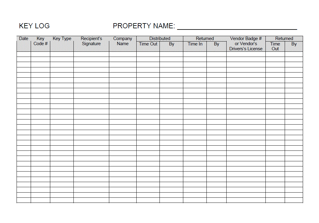 Key log. Ledger book Template. Ledger received.