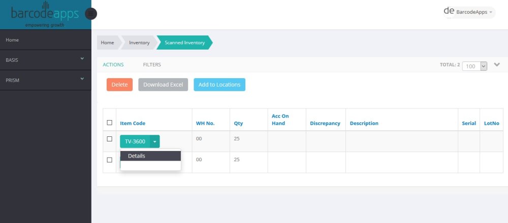 B. Scanned Inventory - BarcodeApps Manual - 1