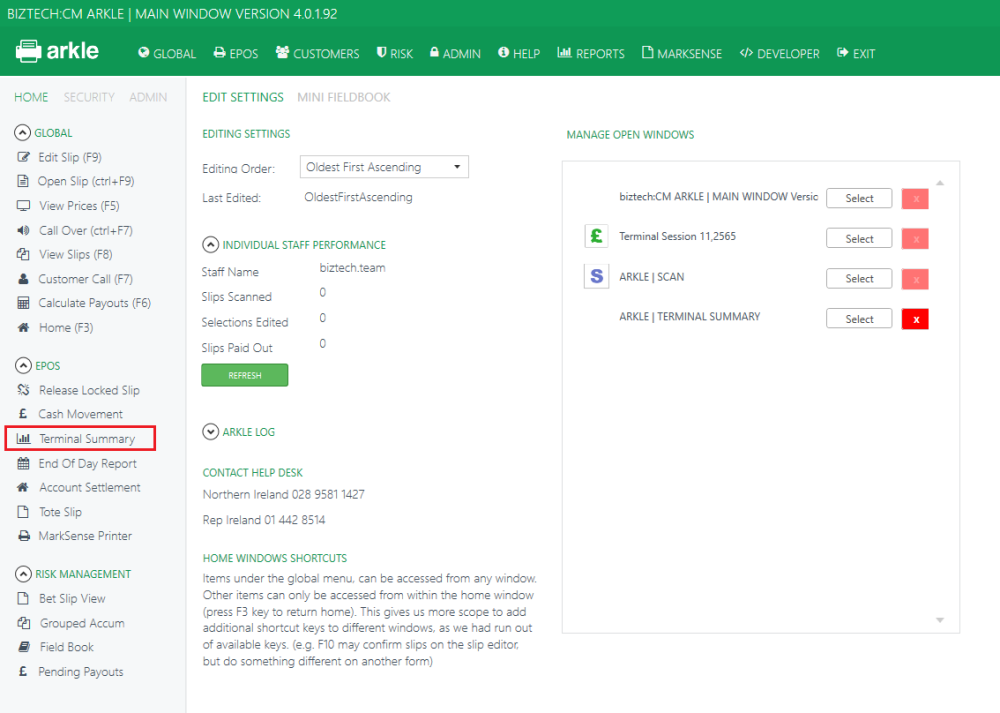 How to View terminal summary Arkle epos user guide 1