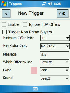Figure 14 Advanced Trigger Configuration Screen on PDA