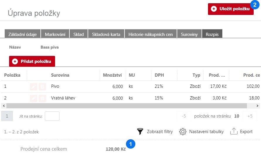 Úprava položky - Uložit položku