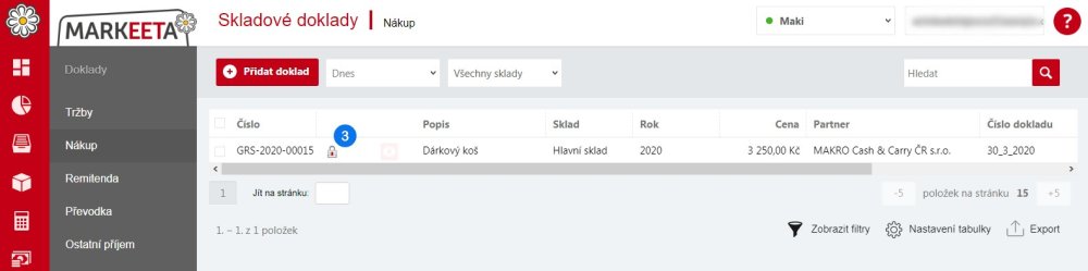 Stránka Nákup - Uzamčený doklad