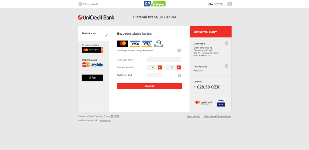 Platba balíčku pomocí karty - krok 2