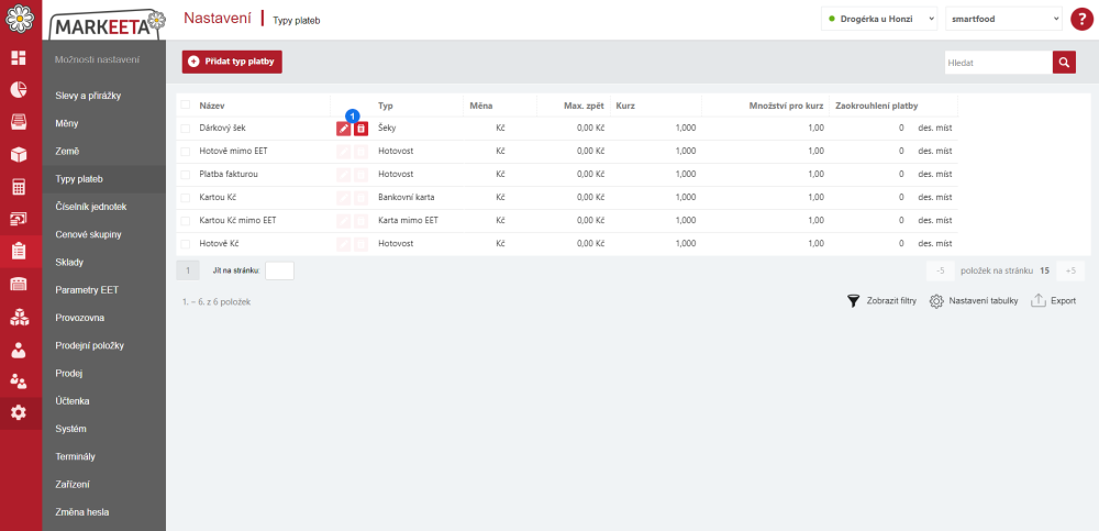 Úprava nebo smazání typu platby