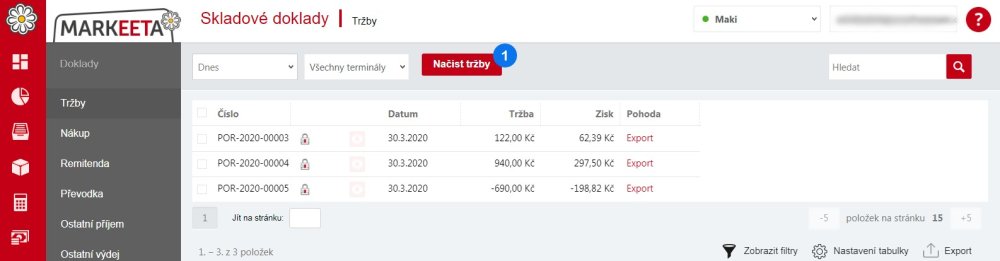 Tržby - Načítání tržeb