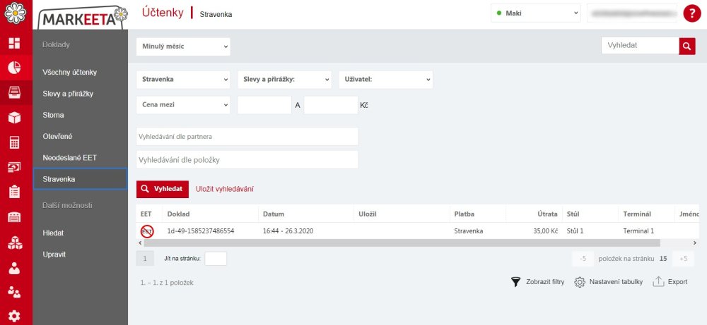 Zobrazení uloženého filtru účtenek