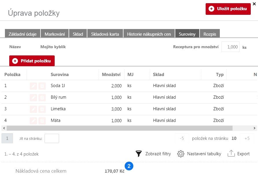 Celková nákladová cena dle surovin