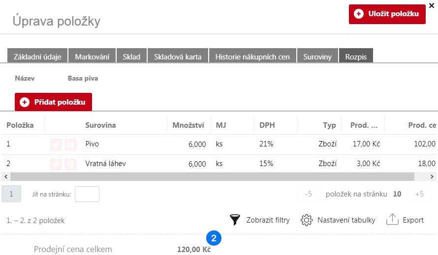 Prodejní cena položek rozpisu